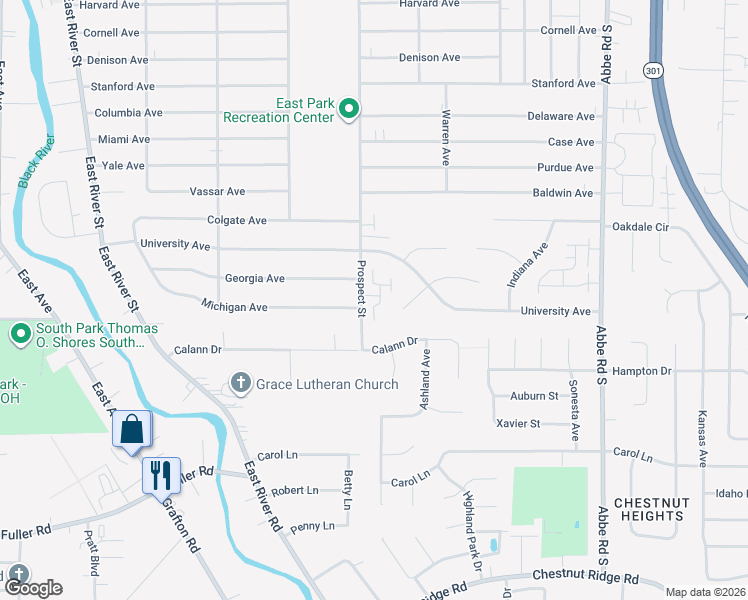 map of restaurants, bars, coffee shops, grocery stores, and more near 1580 Prospect Street in Elyria