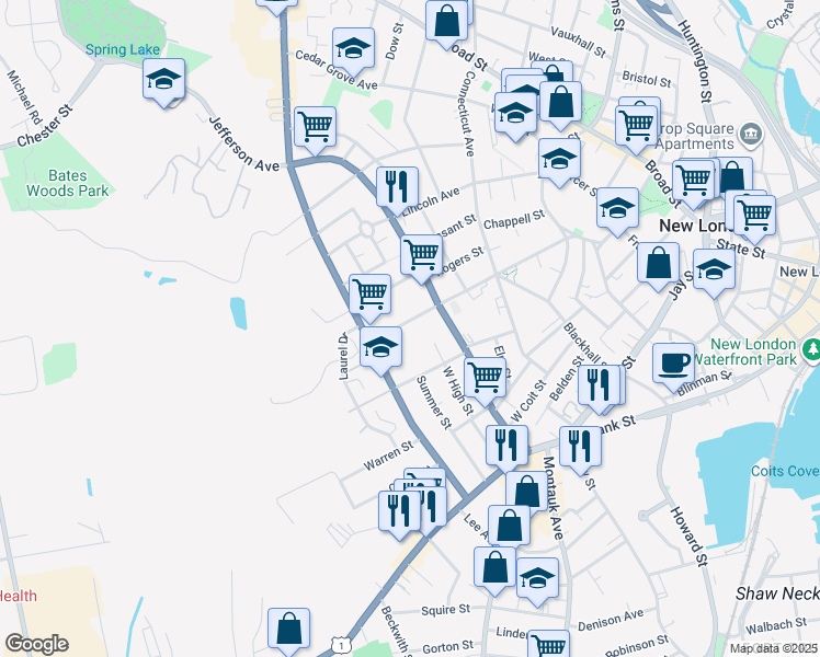 map of restaurants, bars, coffee shops, grocery stores, and more near 156 Garfield Avenue in New London