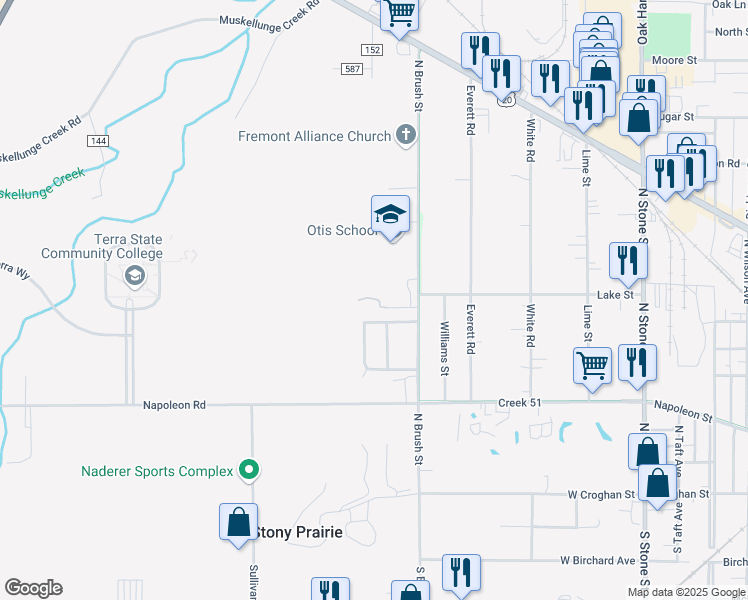 map of restaurants, bars, coffee shops, grocery stores, and more near 540 North Brush Street in Fremont