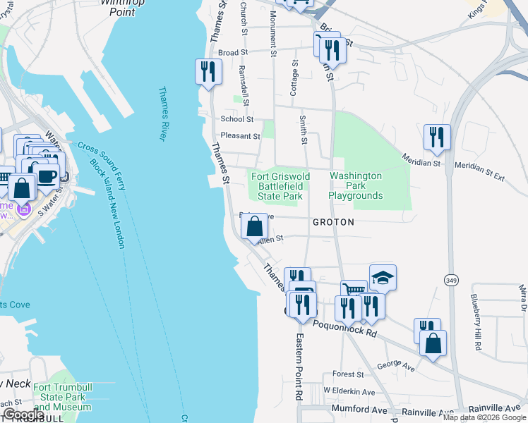 map of restaurants, bars, coffee shops, grocery stores, and more near 51 Baker Avenue in Groton
