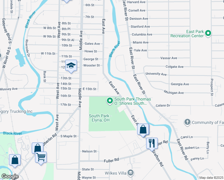 map of restaurants, bars, coffee shops, grocery stores, and more near 1303 East Avenue in Elyria