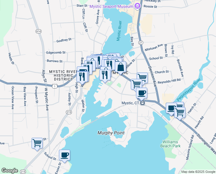 map of restaurants, bars, coffee shops, grocery stores, and more near 55 Willow Street in Stonington