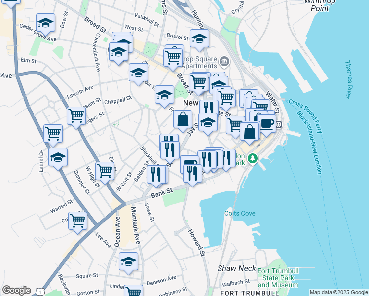 map of restaurants, bars, coffee shops, grocery stores, and more near 101 Truman Street in New London