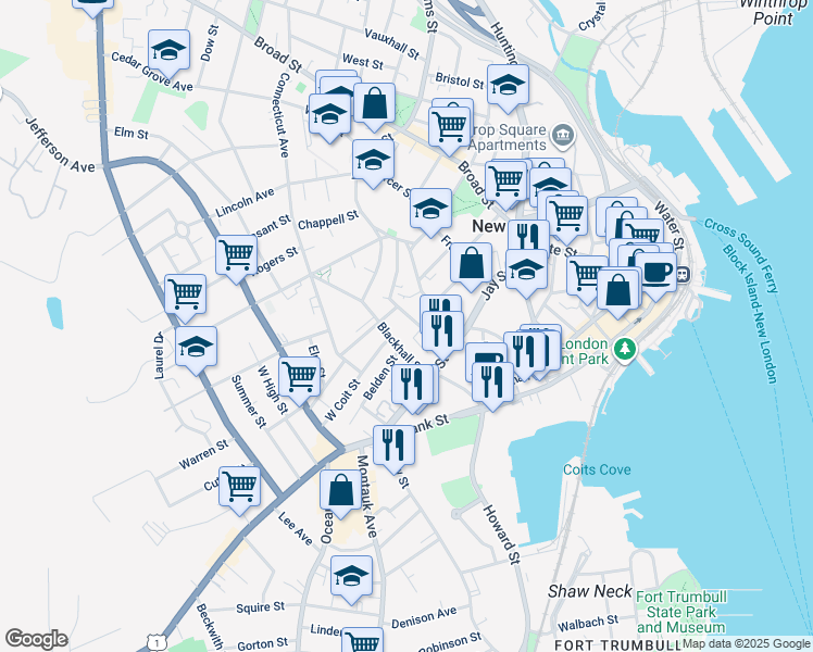 map of restaurants, bars, coffee shops, grocery stores, and more near 17 Blackhall Street in New London