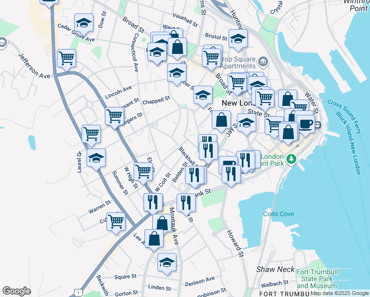 map of restaurants, bars, coffee shops, grocery stores, and more near 12 West Coit Street in New London