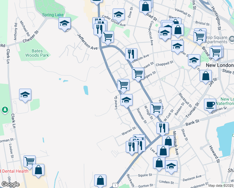 map of restaurants, bars, coffee shops, grocery stores, and more near 67 Laurel Drive in New London