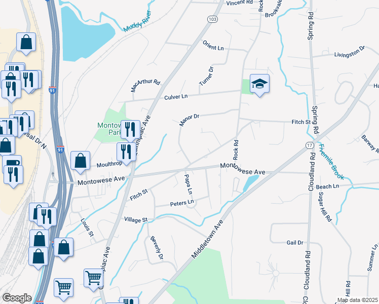 map of restaurants, bars, coffee shops, grocery stores, and more near 83 Fitch Street in North Haven
