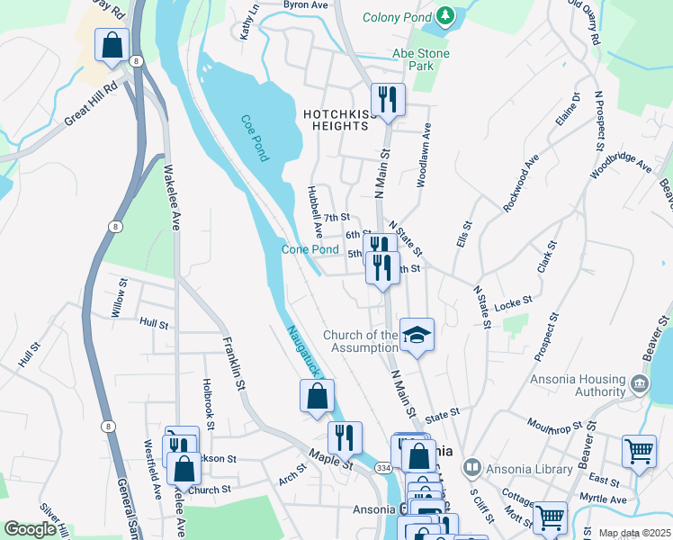 map of restaurants, bars, coffee shops, grocery stores, and more near 44 4th Street in Ansonia