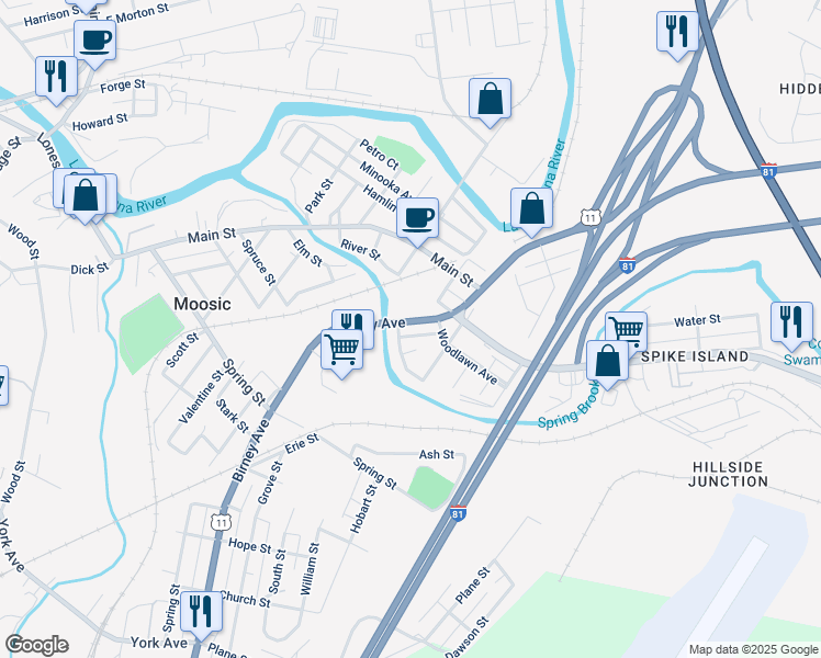 map of restaurants, bars, coffee shops, grocery stores, and more near 707-711 Edgebrook Dr in Moosic