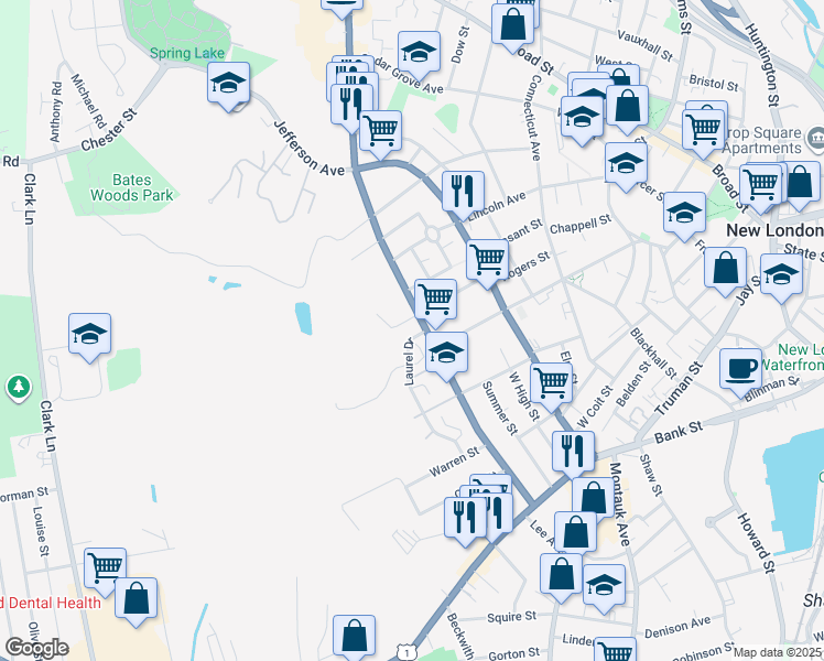 map of restaurants, bars, coffee shops, grocery stores, and more near 21 Laurel Drive in New London