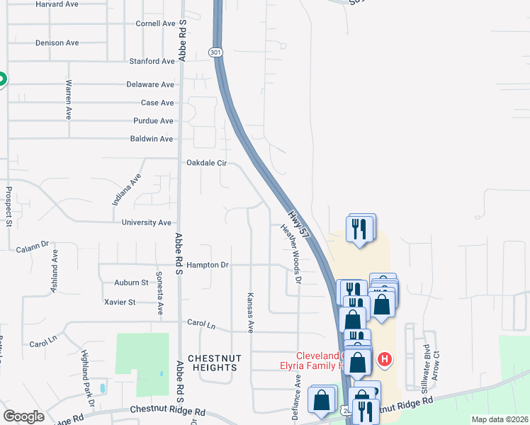 map of restaurants, bars, coffee shops, grocery stores, and more near 506 Oakdale Circle in Elyria