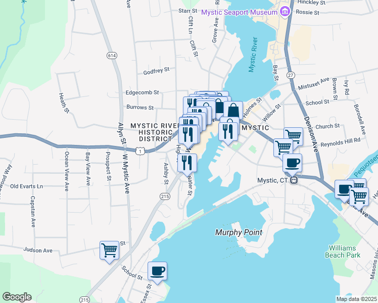 map of restaurants, bars, coffee shops, grocery stores, and more near 15 Water Street in Groton
