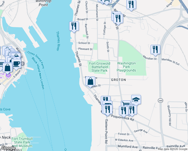 map of restaurants, bars, coffee shops, grocery stores, and more near 57 Fort Street in Groton
