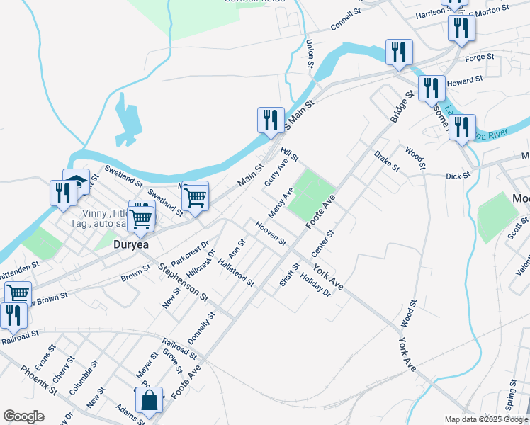 map of restaurants, bars, coffee shops, grocery stores, and more near 408 Foster Street in Duryea