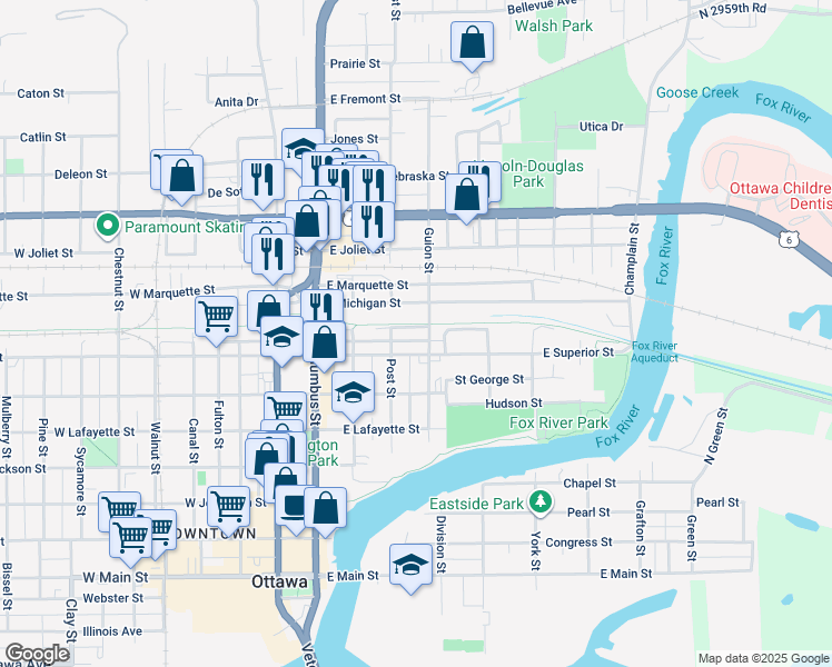 map of restaurants, bars, coffee shops, grocery stores, and more near 315 East Michigan Street in Ottawa