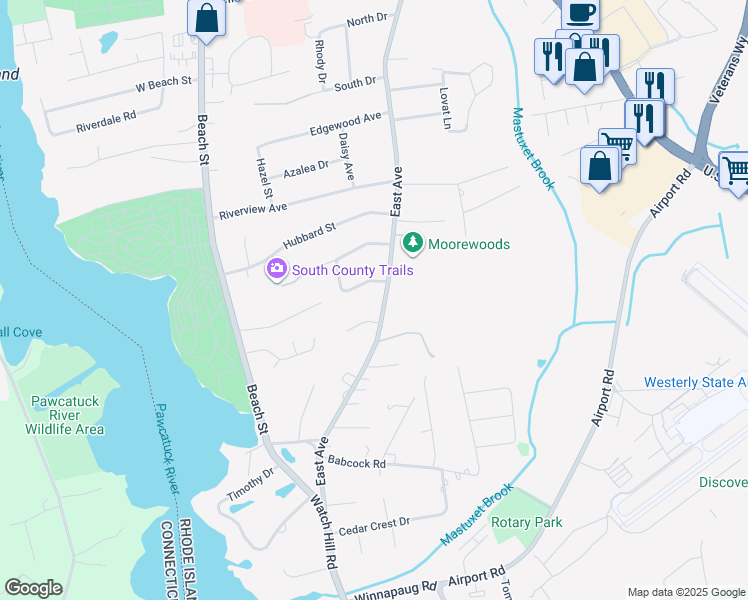 map of restaurants, bars, coffee shops, grocery stores, and more near 7 Pickering Drive in Westerly