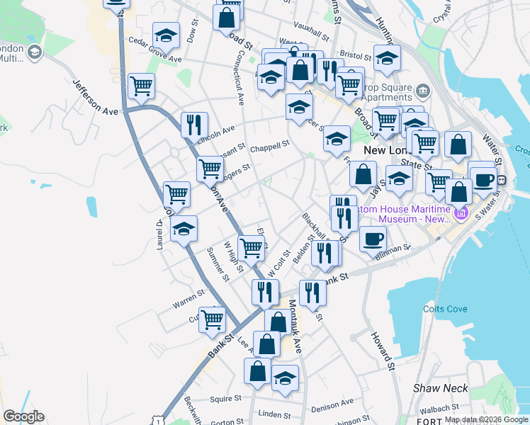 map of restaurants, bars, coffee shops, grocery stores, and more near 78 Connecticut Avenue in New London