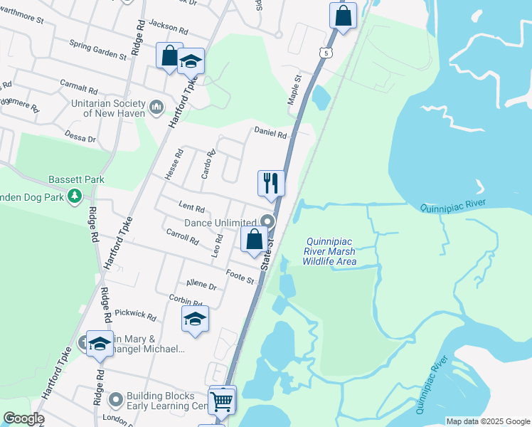map of restaurants, bars, coffee shops, grocery stores, and more near 27 Sebec Street in Hamden