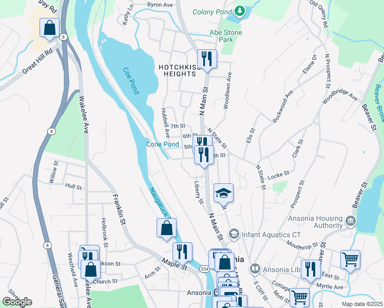 map of restaurants, bars, coffee shops, grocery stores, and more near 195 North Main Street in Ansonia