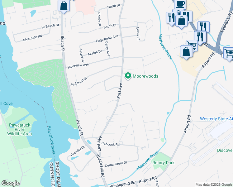 map of restaurants, bars, coffee shops, grocery stores, and more near 7 Pickering Drive in Westerly