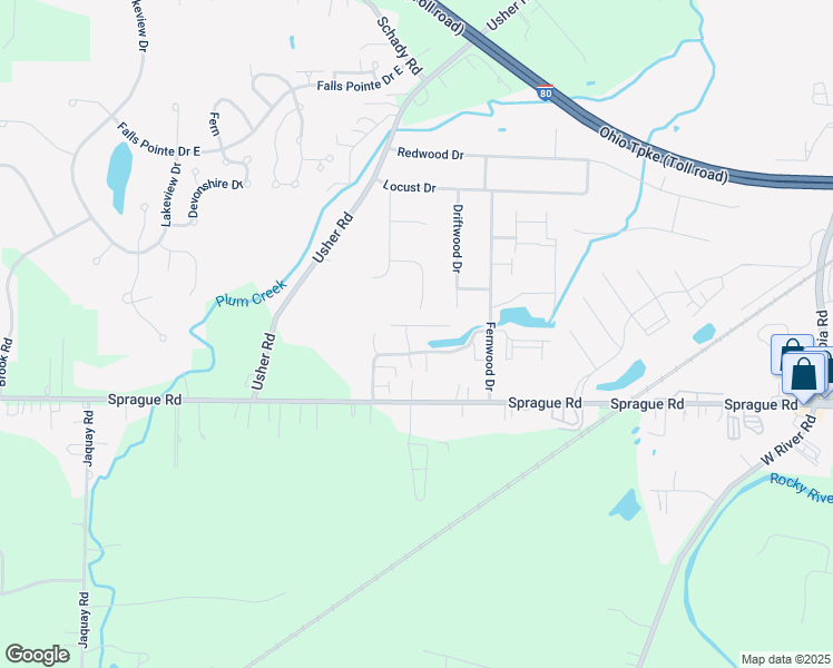 map of restaurants, bars, coffee shops, grocery stores, and more near 9574 Ponderosa Lane in Olmsted Falls