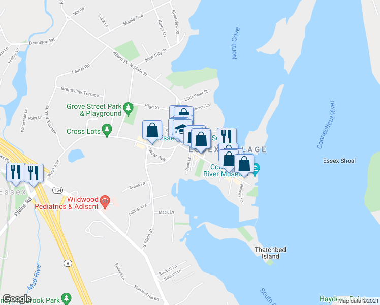 map of restaurants, bars, coffee shops, grocery stores, and more near 6 Bank Lane in Essex
