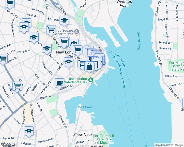 map of restaurants, bars, coffee shops, grocery stores, and more near 47 Bank Street in New London