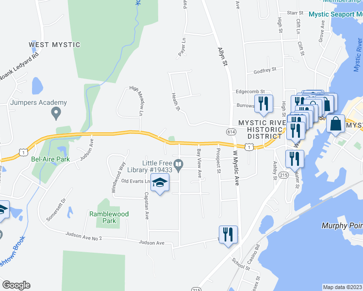 map of restaurants, bars, coffee shops, grocery stores, and more near 65 New London Road in Groton