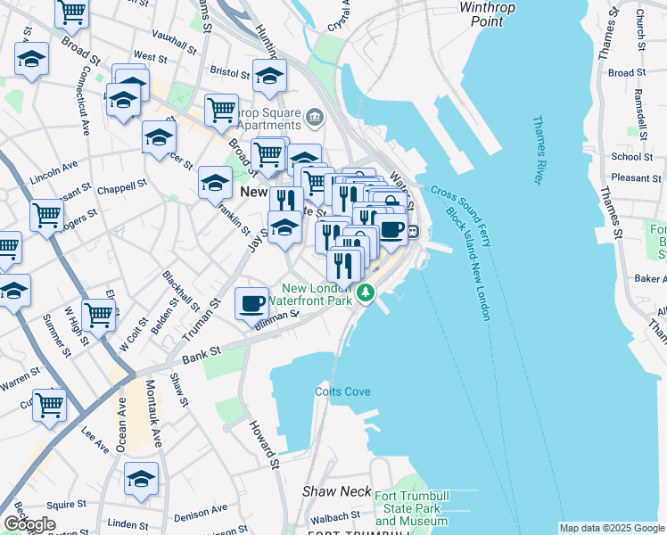 map of restaurants, bars, coffee shops, grocery stores, and more near 6 Union Street in New London