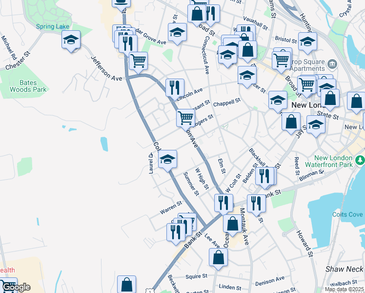 map of restaurants, bars, coffee shops, grocery stores, and more near 135 Garfield Avenue in New London