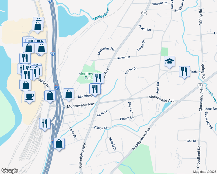 map of restaurants, bars, coffee shops, grocery stores, and more near 291 Quinnipiac Avenue in North Haven
