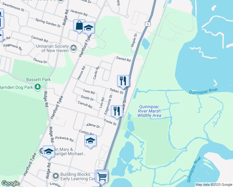 map of restaurants, bars, coffee shops, grocery stores, and more near 27 Sebec Street in Hamden