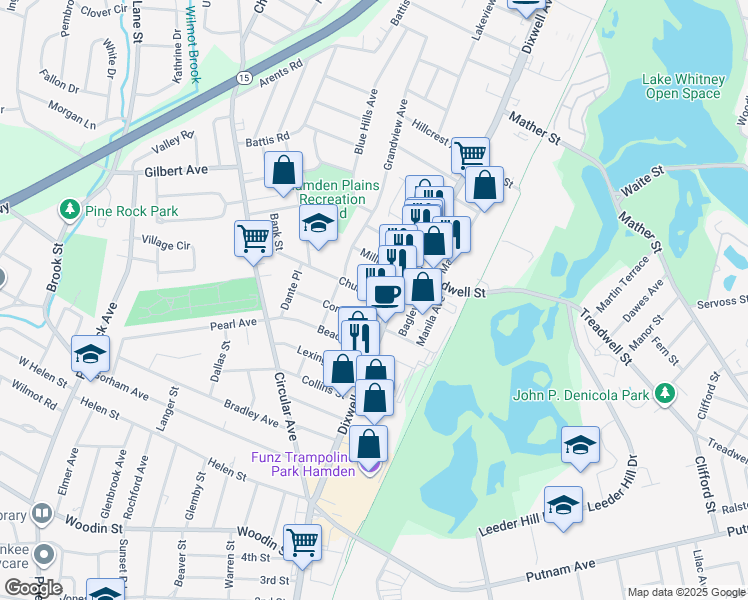 map of restaurants, bars, coffee shops, grocery stores, and more near 29 Church Street in Hamden