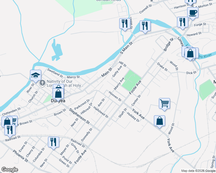 map of restaurants, bars, coffee shops, grocery stores, and more near 408 Foster Street in Duryea