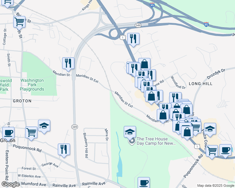 map of restaurants, bars, coffee shops, grocery stores, and more near 525 Meridian Street Extension in Groton