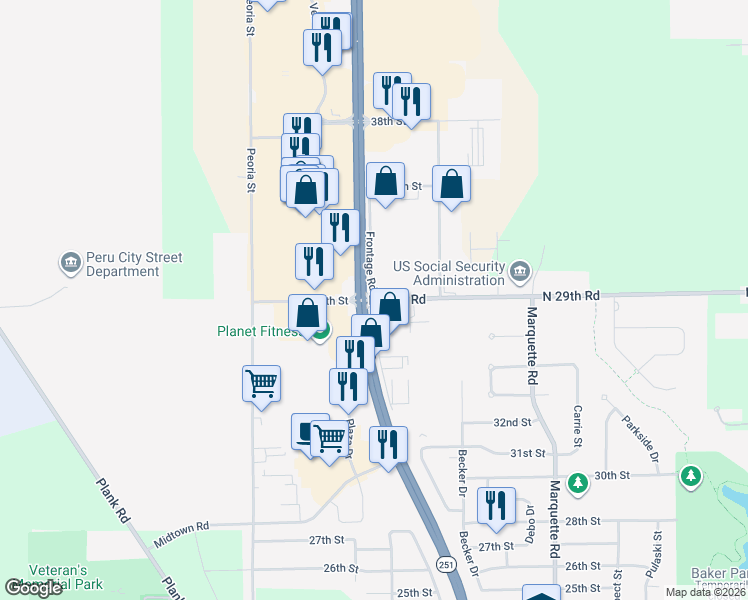 map of restaurants, bars, coffee shops, grocery stores, and more near 3701 Frontage Road in Peru