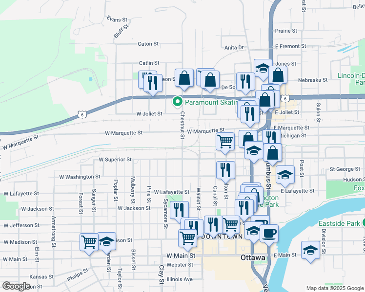 map of restaurants, bars, coffee shops, grocery stores, and more near 1407 Chestnut St in Ottawa