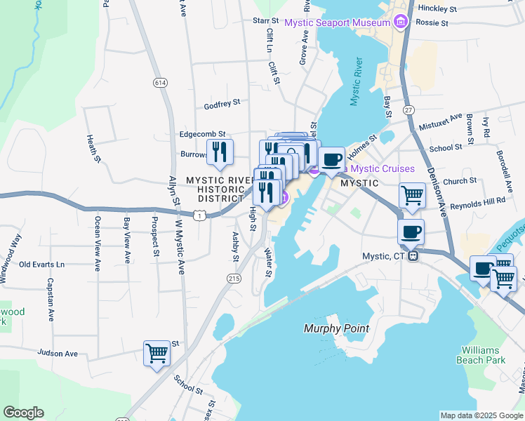 map of restaurants, bars, coffee shops, grocery stores, and more near 84 High Street in Groton