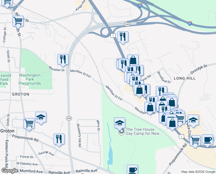 map of restaurants, bars, coffee shops, grocery stores, and more near 525 Meridian Street Extension in Groton