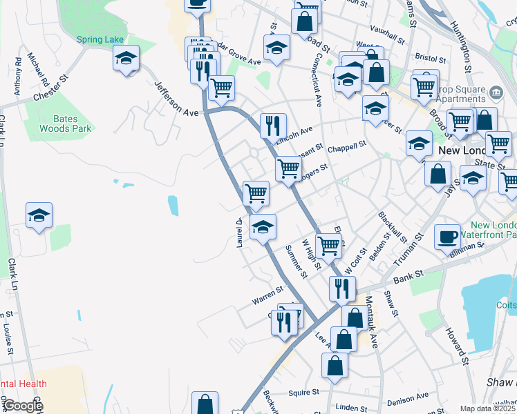 map of restaurants, bars, coffee shops, grocery stores, and more near 40 Walden Avenue in New London