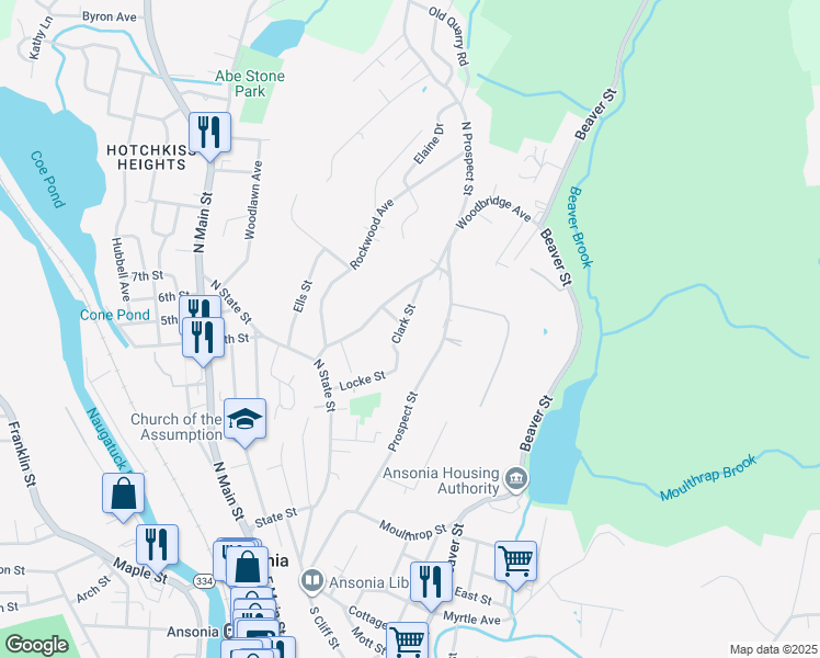 map of restaurants, bars, coffee shops, grocery stores, and more near 46 Clark Street in Ansonia