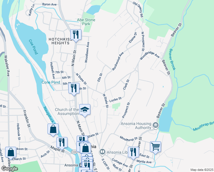 map of restaurants, bars, coffee shops, grocery stores, and more near 19 Woodbridge Avenue in Ansonia