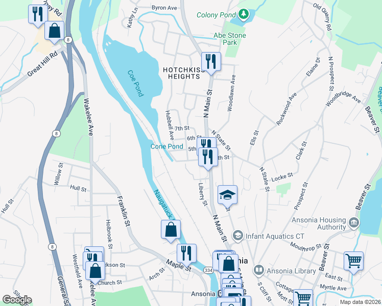 map of restaurants, bars, coffee shops, grocery stores, and more near 53 Star Street in Ansonia