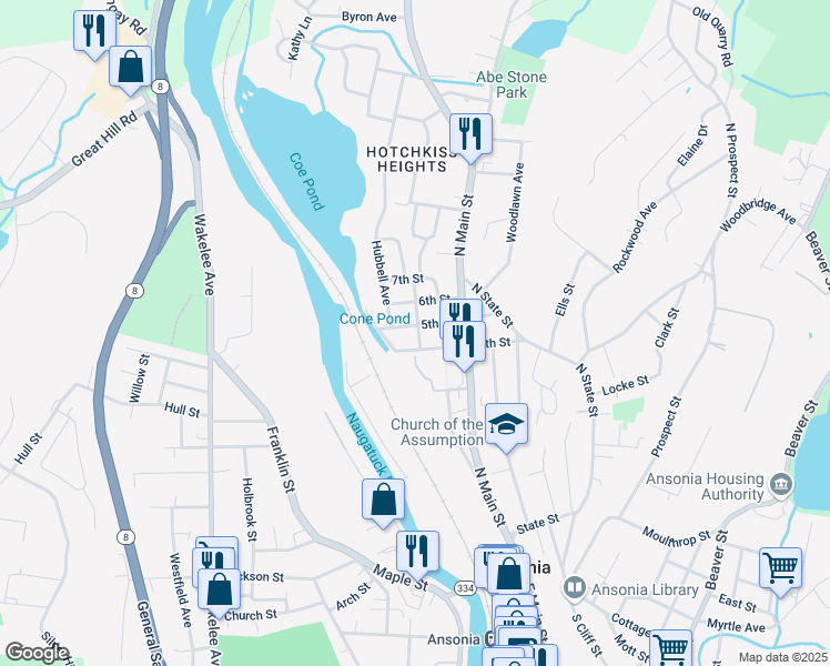 map of restaurants, bars, coffee shops, grocery stores, and more near 53 Star Street in Ansonia