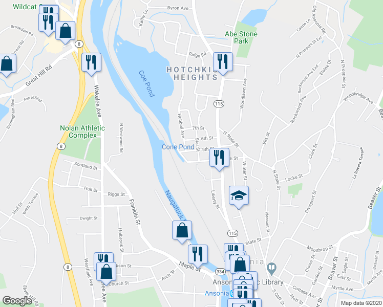 map of restaurants, bars, coffee shops, grocery stores, and more near 53 Star Street in Ansonia