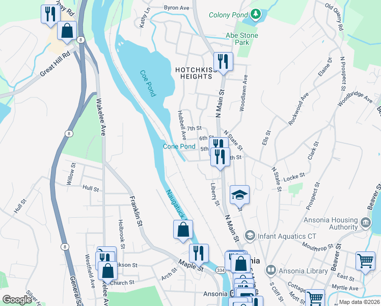 map of restaurants, bars, coffee shops, grocery stores, and more near 53 Star Street in Ansonia