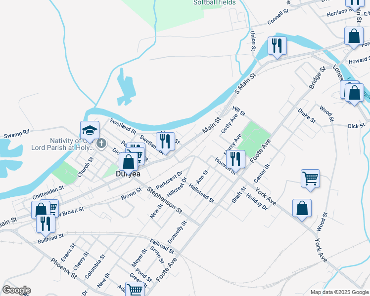 map of restaurants, bars, coffee shops, grocery stores, and more near 805 Main Street in Duryea