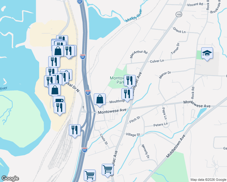map of restaurants, bars, coffee shops, grocery stores, and more near 56 Clark Avenue in North Haven