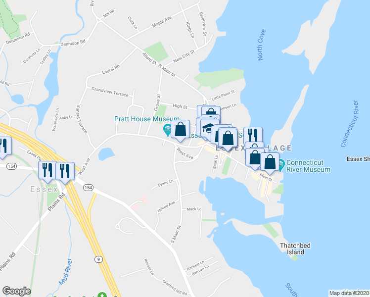 map of restaurants, bars, coffee shops, grocery stores, and more near 39 Prospect Street in Essex