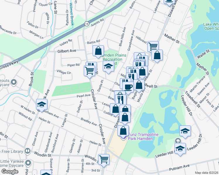 map of restaurants, bars, coffee shops, grocery stores, and more near 68 Church Street in Hamden